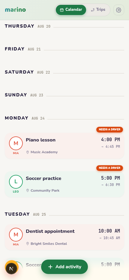 Shared calendar showing the week's activities, each tagged with who needs a driver
