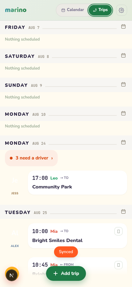 Trips view coordinating who's driving whom, synced across the family
